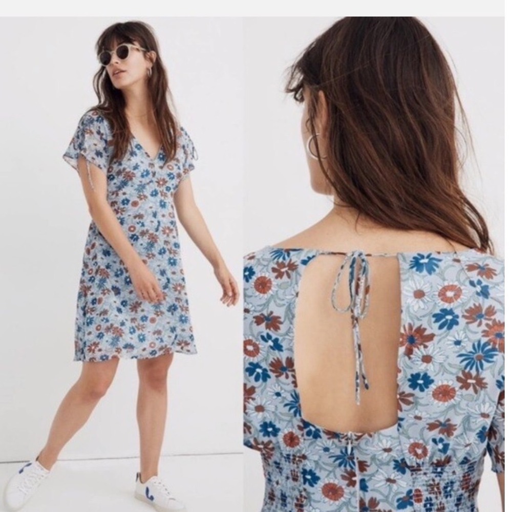 Madewell Silk V-Neck Dress Antique Flora Blue Floral Open Back Mini Size 0